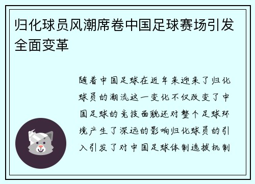 归化球员风潮席卷中国足球赛场引发全面变革