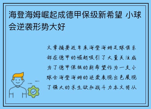 海登海姆崛起成德甲保级新希望 小球会逆袭形势大好